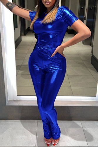 Blue Casual Solid Basic O Neck Short Sleeve Two Pieces