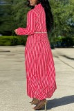 Red Casual Striped Print Cardigan Outerwear (Without Belt)