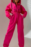 Rose Red Street Solid Patchwork Hooded Collar Jumpsuits