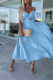 Blue Sexy Celebrities Solid Hollowed Out Pocket Slit V Neck Evening Dress Dresses