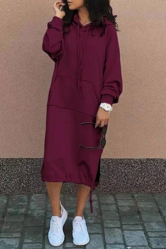 Burgundy Casual Solid Patchwork Hooded Collar Long Sleeve Dresses