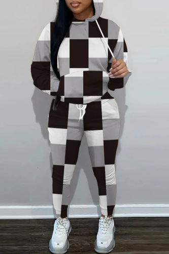 Black Gray Casual Print Basic Hooded Collar Long Sleeve Two Pieces