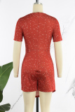 Red Casual Print Patchwork O Neck Skinny Romper