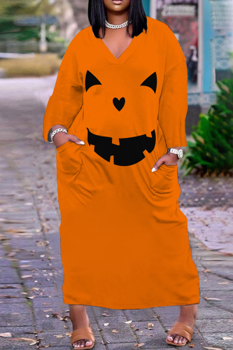 Halloween Costume Orange Pumpkin Cat Print V Neck Long Sleeves Plus Size Straight Loose Maxi Dress