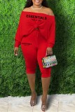 Red Sexy Print Letter Oblique Collar Long Sleeve Two Pieces