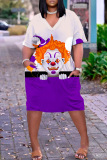 Halloween Costume Dark Purple Casual Print Basic V Neck Short Sleeve Dress