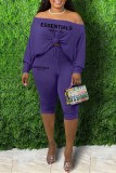 Purple Sexy Print Letter Oblique Collar Long Sleeve Two Pieces