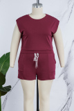 Burgundy Casual Solid Basic O Neck Plus Size Two Pieces