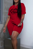Red Casual Letter Print Basic O Neck Short Sleeve Two Pieces