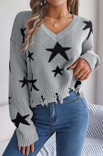 Grey Casual The stars Contrast V Neck Tops
