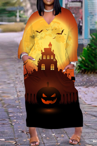 Halloween Costume Orange Yellow Pumpkin Cat Print V Neck Long Sleeves Plus Size Straight Loose Maxi Dress