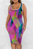Turquoise Casual Print Basic U Neck Vest Dress Dresses