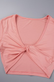 Pink Casual Solid Asymmetrical V Neck Long Sleeve Two Pieces