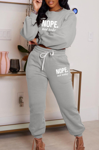 Grey Letter Print Basic O Neck Long Sleeve Two Pieces