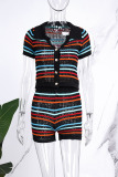 White Sweet Street Striped Patchwork Buckle Contrast Turndown Collar Short Sleeve Two Pieces