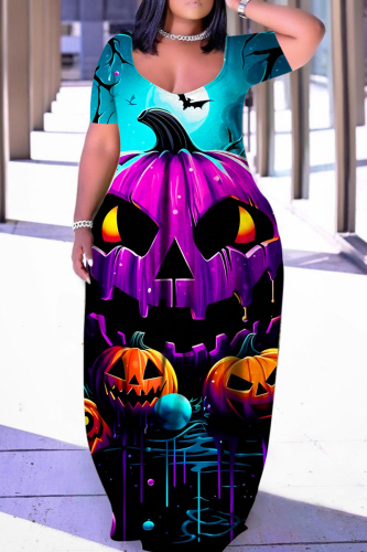 Halloween Costume Blue Purple Skull Pumpkin Cat Print Floor Length Plus Size Loose T Shirt Maxi Dress
