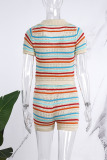 Khaki Sweet Street Striped Patchwork Buckle Contrast Turndown Collar Short Sleeve Two Pieces