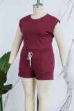Burgundy Casual Solid Basic O Neck Plus Size Two Pieces