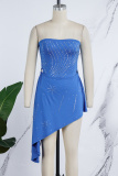 Blue Sexy Party Patchwork Hot Drilling Backless Strapless Irregular Dress Dresses