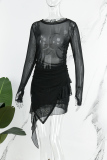 Black Casual Solid See-through Asymmetrical O Neck Long Sleeve Two Pieces