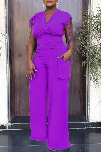 Purple Casual Solid Patchwork V Neck Sleeveless Two Pieces