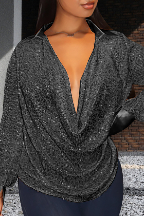 Sexy Solid Sequins O Neck Tops