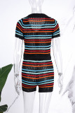 Black Sweet Street Striped Patchwork Buckle Contrast Turndown Collar Short Sleeve Two Pieces