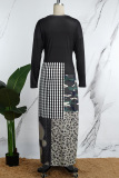 Black White Casual Print Patchwork O Neck Long Sleeve Dresses