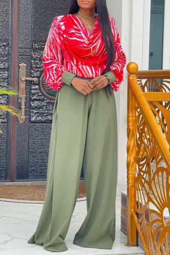 Red Sweet Striped Patchwork Pocket Fold V Neck Long Sleeve Two Pieces