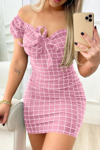 Pink Casual Plaid Print Patchwork Frenulum V Neck Short Sleeve Dress