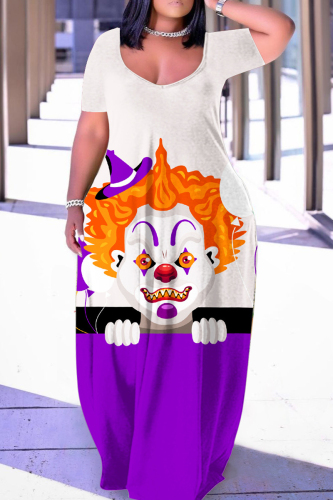 Halloween Costume White Purple Skull Pumpkin Cat Print Floor Length Plus Size Loose T Shirt Maxi Dress