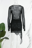 Black Casual Solid See-through Asymmetrical O Neck Long Sleeve Two Pieces
