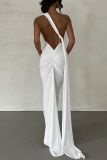 White Sexy Solid Backless Oblique Collar Long Dress Dresses
