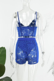 Blue Sexy Solid Patchwork See-through Backless Spaghetti Strap Sleeveless Two Pieces