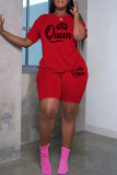 Red Casual Letter Print Basic O Neck Short Sleeve Two Pieces