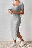 Light Gray Casual Solid Slit Square Collar Short Sleeve Dress