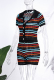 Black Sweet Street Striped Patchwork Buckle Contrast Turndown Collar Short Sleeve Two Pieces