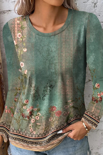 Green Casual Print Basic O Neck Tops (Subject To The Actual Object )