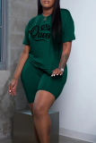 Red Casual Letter Print Basic O Neck Short Sleeve Two Pieces