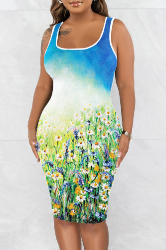 Turquoise Casual Print Basic U Neck Vest Dress Dresses