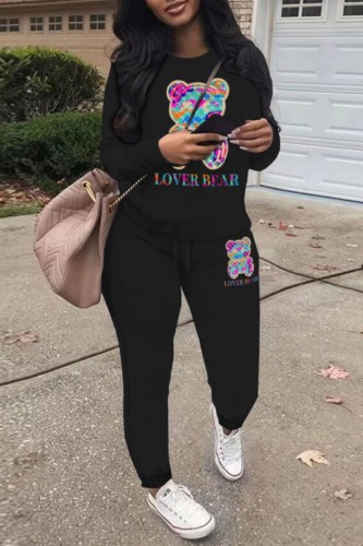 Black Casual Print Basic O Neck Long Sleeve Two Pieces