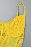 Yellow Sexy Solid Patchwork See-through Backless Spaghetti Strap Sleeveless Two Pieces