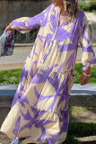 Purple Casual Elegant Floral Buttons V Neck Printed Dress Dresses