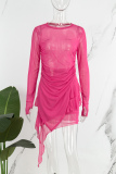 Rose Red Casual Solid See-through Asymmetrical O Neck Long Sleeve Two Pieces