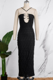 Black Sexy Solid Hollowed Out Backless Spaghetti Strap Long Dress Dresses
