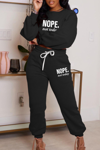 Black Letter Print Basic O Neck Long Sleeve Two Pieces