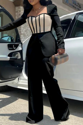 Black Casual Patchwork Contrast Square Collar Regular Jumpsuits