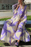 Purple Casual Elegant Floral Buttons V Neck Printed Dress Dresses