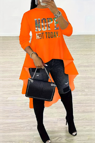Tangerine Red Elegant Letter Leopard Camouflage Print Patchwork Printing O Neck Irregular Dress Dresses