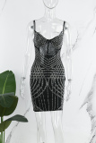 Black Sexy Patchwork Hot Drilling See-through Backless Spaghetti Strap Sleeveless Dress